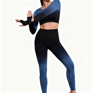 Conjunto de Yoga para Mujer, Diseño a Cuadros, Secado Rápido, Color Degradado, Leggings Largos, Top Corto con Cuello Redondo, Manga Larga, Cintura Alta, 2 Piezas - Product Image 4