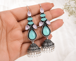 Bohemian Drop <b>Earrings</b> With Monalisa And Pink Stones In Antique <b>Silver</b> Plated Brass For Women Party Jewelry - Product Image 6