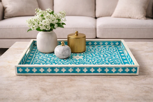 Plateau de service rectangulaire en bois avec incrustation d'os turquoise, plateau de rangement décoratif, plateau de présentation pour table basse, ottoman, petit-déjeuner, fruits - Product Image 2
