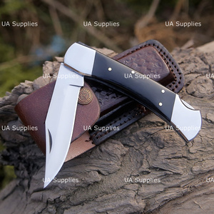 UA Supplies Industrial Grade High Polish Carbon Steel Back <b>Lock</b> Folding Pocket Knife Bull Horn Handle Leather Pouch Knives - Product Image 5