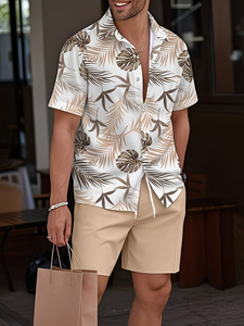 Conjunto de Camisa y Pantalones Cortos Casuales de Verano para Hombre, 100% Algodón Transpirable, con Estampado de Hojas de Coco - Product Image 5