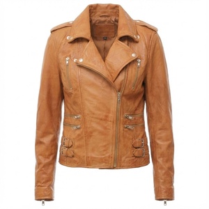 Veste en cuir pour femme de qualité supérieure, courte, marron, style motard, coupe ajustée, avec fermetures éclair argentées - Product Image 1