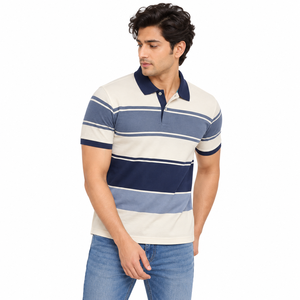 Polo en coton rayé pour homme, manches courtes, décontracté, tricoté, respirant, coupe classique, bleu, blanc, marine - Product Image 1