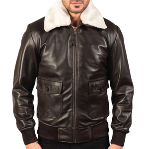 Chaqueta de Cuero Marrón de Piel de Oveja Auténtica de Primera Calidad para Hombre, con Cuello de Piel Blanca, Estilo Bomber, Ropa Exterior Informal, Moda, Venta al Por Mayor, Tendencia - Product Image 2