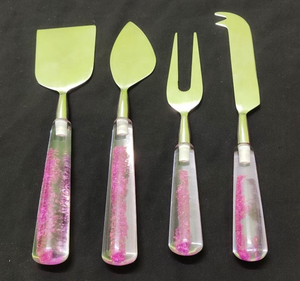High Quality 4-Piece Cheese Knife <b>Set</b> Steel and Epoxy Resin Clear with Beautiful Pink Color for Camping - Product Image 2