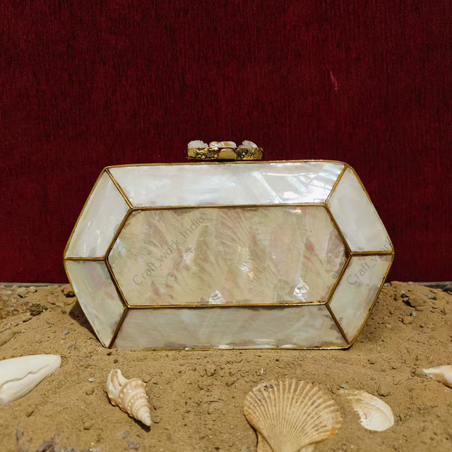 Luxury Mother of Pearl Hexagon Clutch with Gold Frame and Crystal Knob Elegant Handmade Evening Bag for Weddings Parties