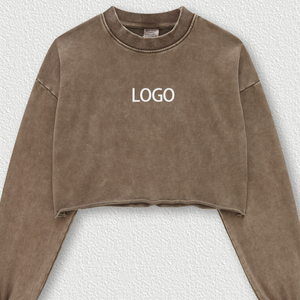 Sudadera Corta para Mujer, Estilo Desgastado, Color Marrón, Lavado Ácido, Oversize, de Algodón Grueso, Estilo Urbano, a la Moda - Product Image 1