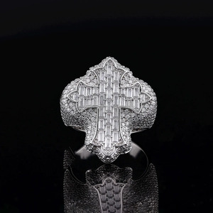 Moissanite Diamond Jesus <b>Cross</b> Baguette Cut Rhodium Plated 925 Sterling <b>Silver</b> Hip Hop Cluster Men Engagement Wedding Gift <b>Ring</b> - Product Image 1