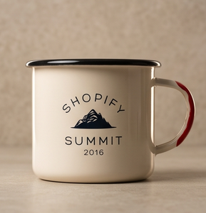 Special Edition Branded Enamel Coffee <b>Mug</b> Built With Strong Rust Resistant Iron Material Displaying Company Event Logo - Product Image 1