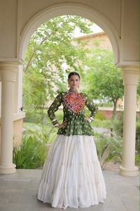 Traditional <b>Indian</b> Kora Cotton Frill Stitch Lehenga Embossed Print Kutchi Gamthi Patchwork <b>Top</b> Floor-Length Regular Fit Party - Product Image 3