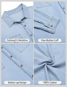 Chemise boutonnée en coton bleu clair pour femmes, manches longues, couleur unie, col rabattu, coupe régulière, hauts de loisirs toutes saisons - Product Image 3