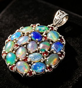 Art Palace Silver Plated <b>Opal</b> Pendant With Garnet Bezel Setting Bohemia Style Unisex Charm Gift - Product Image 2