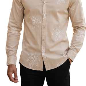 เสื้อเชิ้ตแขนยาวพิมพ์ลายใบไม้สีเบจขาวสำหรับผู้ชาย ทรงเข้ารูป สไตล์ลำลอง เหมาะสำหรับใส่ทำงานและวันหยุดสุดสัปดาห์ - Product Image 6