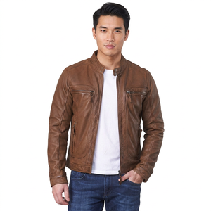 Men's <b>Brown</b> Genuine <b>Leather</b> Moto <b>Jacket</b> Stand Collar Zipper Closure Slim Fit Autumn Wear - Product Image 6