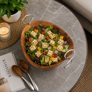 Ensemble de bols à salade en bois d'acacia faits à la main avec cuillères de service en bois, grand bol à fruits, décoration rustique pour la cuisine et la table à manger - Product Image 3