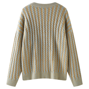 Cardigan en tricot rayé pour homme et femme, col en V, manches longues, fermeture boutonnée, pull d'automne, style universitaire - Product Image 2