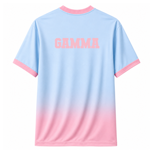 Maillot de football personnalisé Gamma Phi Delta à manches courtes avec logo sur le devant, dégradé bleu ciel et rose, en polyester respirant - Product Image 3