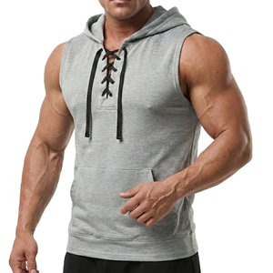 Débardeur à capuche sans manches pour homme, personnalisé OEM, avec laçage frontal, en coton premium, pour l'entraînement, avec poche kangourou - Product Image 6