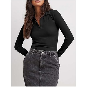 Top de Punto Acanalado Elegante para Mujer, Manga Larga, Cuello en V, Corte Ajustado, Estilo Casual, Color Sólido - Product Image 2