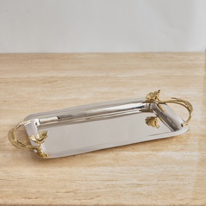 Stainless Steel <b>Serving</b> <b>Tray</b> with Elegant Polished <b>Gold</b> Floral Handles for Party Catering <b>Serving</b> Kitchen Dining Table Decor Use - Product Image 5