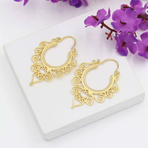 Handmade Gold Plated Spiral Hoop <b>Earrings</b> Intricate Heart Scrollwork Boho Tribal Statement Jewelry for Women - Product Image 4