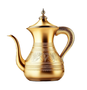 Radiant polished golden <b>Arabic</b> dallah coffee pot showcasing a finely dimpled reflective finish. Available at wholesale price. - Product Image 5