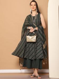 <b>Women</b> Traditional Green Cotton Digital Print <b>Kurta</b> Dupatta A-Line Sleeveless Regular Fit Knee-Length Quick Dry Casual Wear India - Product Image 1