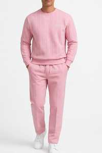 Conjunto de sudadera de cuello redondo y pantalones deportivos de felpa francesa con rayas rosas para hombre - Product Image 4