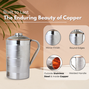 Carafe en acier inoxydable de 1800 ml avec revêtement extérieur en acier et intérieur en cuivre, grande capacité, bienfaits ayurvédiques pour la santé, accessoire couvercle inclus - Product Image 2