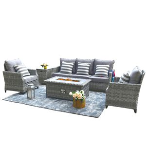 5-Piece Gray Cushioned Wicker Patio Fire Pit Sectional Seating Set with <b>Low</b> and Tall <b>Tables</b> - Product Image 1