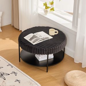 Tavolino da Caffè Rotondo Imbottito da 78,5 cm con Gambe in Metallo Nero, Ripiano Aperto Effetto Legno e Poggiapiedi - Product Image 5