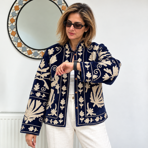 Navy <b>Velvet</b> Woven Hand Embroidered Quick Dry Cotton Winter Jacket <b>Women</b> Stand Collar Floral Button up Prairie Chic <b>Coat</b> - Product Image 1