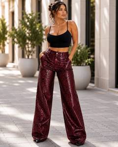 Pantalon en cuir imprimé serpent pour femme, pantalon en cuir taille haute, tenue tendance style streetwear - Product Image 1