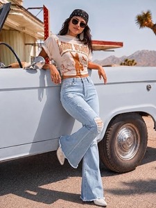 Women's Mid Waist <b>Boot</b> Cut Denim Jeans Vintage Cotton Knee Length - Product Image 2