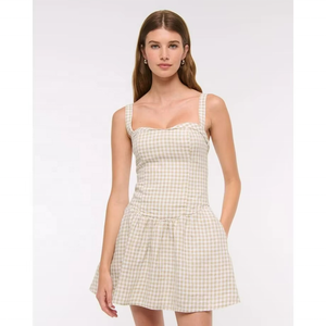 Vestido Mini de Gasa con Estampado de Jengibre para Mujer, Cuello Cuadrado, Largo hasta la Rodilla, con Volantes, Casual, Sexy, Liso, Teñido - Product Image 1