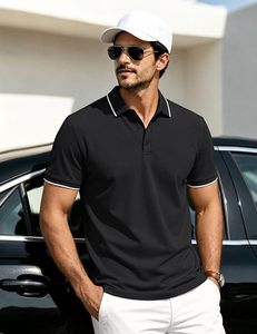 Men's <b>Black</b> Short Sleeve <b>Polo</b> <b>Shirt</b> Solid Color Cotton Pique Casual Knitted Breathable Regular Fit - Product Image 5
