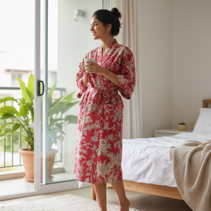 Robe Kimono Artisanale en Coton pour Femme, Vêtement de Nuit, Col en V avec Passepoil, 2 Poches, Longue, Manches Longues, Cordon de Serrage - Product Image 2
