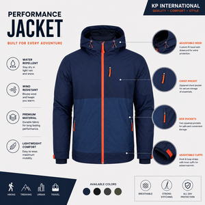 Veste matelassée à capuche pour homme, bleu marine uni avec fermeture éclair orange, imperméable, style sportif d'hiver, coupe régulière, coque en polyester - Product Image 1