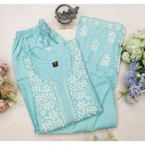 DISEÑADOR RAYON CHICKENKARI TRABAJO KURTI PALAZZO SET SKY - Product Image 3