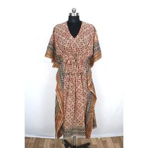 ชุดเดรสคาฟทันผ้าฝ้ายพิมพ์ลายบล็อกอินเดีย แขนสั้น เป็นมิตรกับสิ่งแวดล้อม ทรงโบฮีเมียน เอวธรรมชาติ สำหรับผู้หญิง-ชุดคลุมชายหาด ชุดนอน - Product Image 6