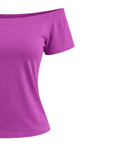 T-shirt femme violet orchidée, épaules dénudées, manches courtes, coupe ajustée, décontracté, été, coton doux, tee-shirt pour femme, fabricant OEM personnalisé - Product Image 2