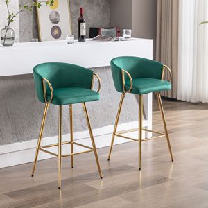 Ensemble de 2 tabourets de bar simples de 30 pouces avec repose-pieds chromés et base en velours + pieds dorés VERT - Product Image 2