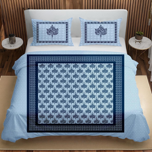 Light Blue Cotton <b>King</b> Size Bedsheet Set 3 Piece Designer Floral Panel Print <b>Bedspread</b> with Pillow Cover Soft Bedding Collection - Product Image 1