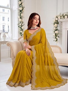 AARA Fashion <b>Yellow</b> Silk <b>Saree</b> Embroidered Border Traditional Indian Wedding Wear for Women Floor-Length Regular Fit Sun - Product Image 3