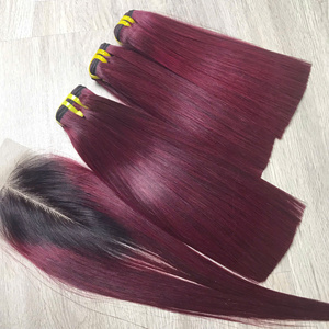 Factory Price 100% Raw Virgin Vietnamese Human Weft Lace Wig Bone Straight <b>Burgundy</b> Color Super Double Drawn Hair Extensions - Product Image 1