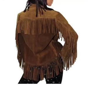 Women's Brown <b>Suede</b> Fringed Motorcycle <b>Jacket</b> with Turn-Down Collar Full Sleeve Winter Style Windproof Solid - Product Image 2