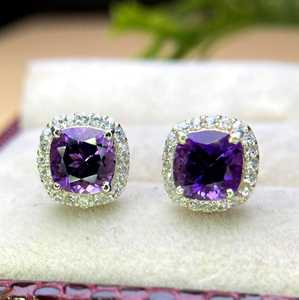 Boucles d'oreilles en améthyste naturelle, argent sterling 925 ou or 14 carats, halo de pierres précieuses violettes, bijoux de mariage, cadeau de mariée pour elle - Product Image 4