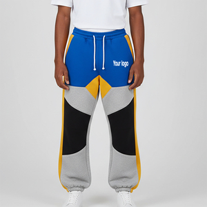 Pantalon de survêtement pour homme en molleton 100% coton respirant, avec empiècements color block, coupe décontractée streetwear, bas de pantalon côtelé, effet délavé, haute qualité - Product Image 4