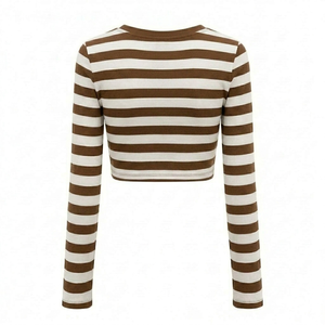 Camiseta corta personalizada para mujer, de alta calidad, transpirable, de poliéster, con rayas blancas y marrones, ropa informal, venta al por mayor. - Product Image 2