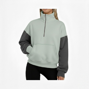 Custom Embroidered Quarter Zip Women Fleece Color <b>Block</b> Pullover Heavyweight Contrast Sleeve Oversized Sweatshirt ODM Hoodies - Product Image 3